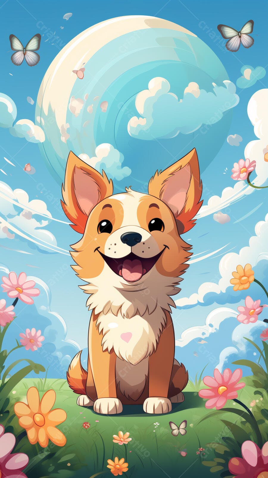 Corgi feliz em campo florido