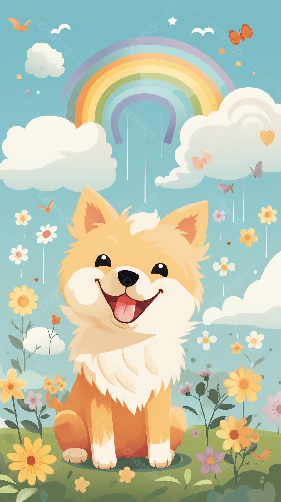 Cachorro feliz em jardim arco-íris