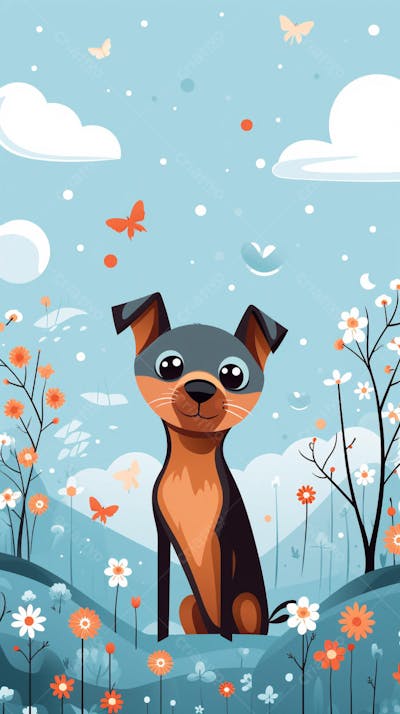Wallpaper de Gato  e Cachorro Fofo com Arco-Íris e Corações - Ilustração Kawaii