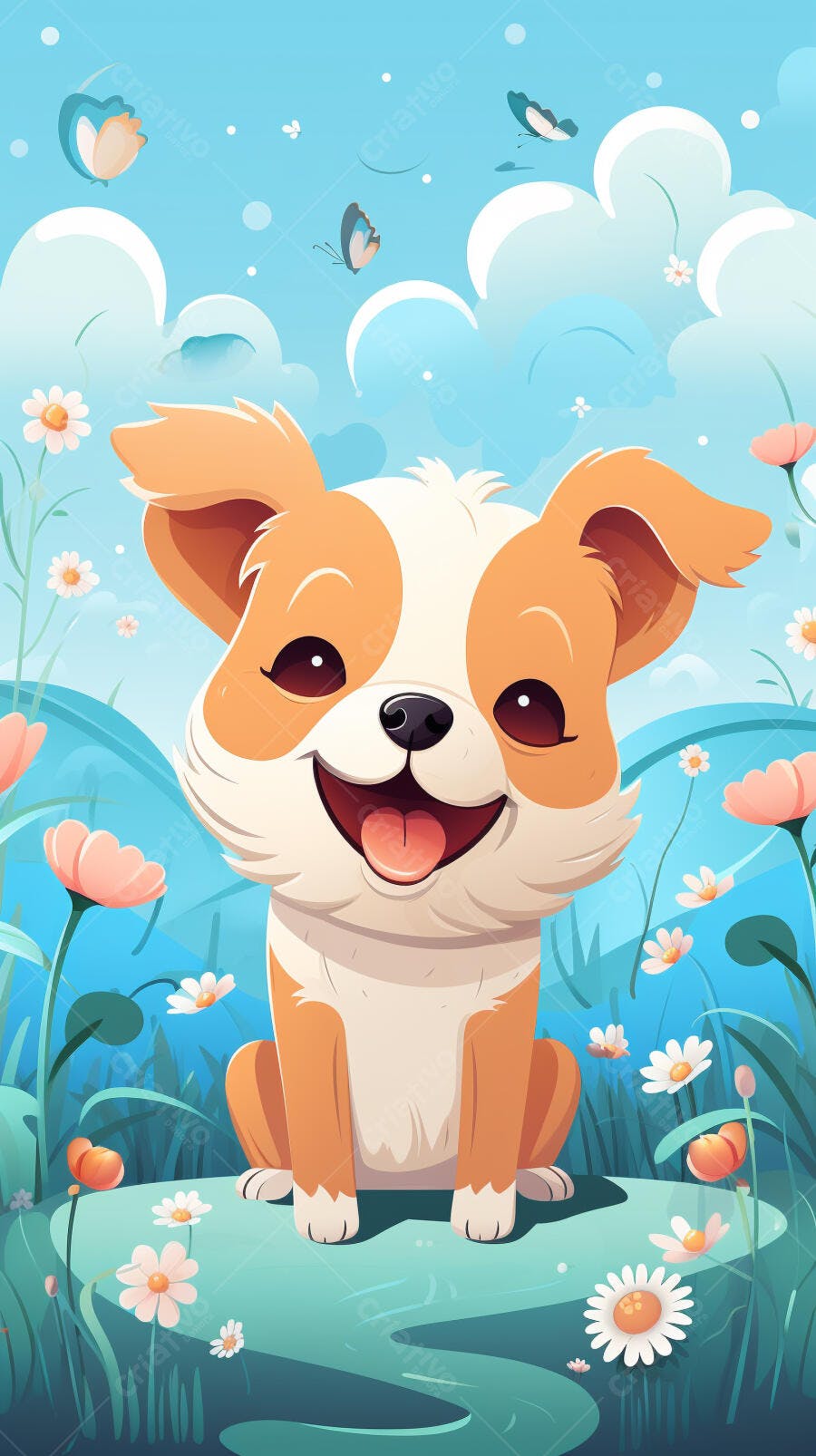 Cachorro feliz em jardim florido