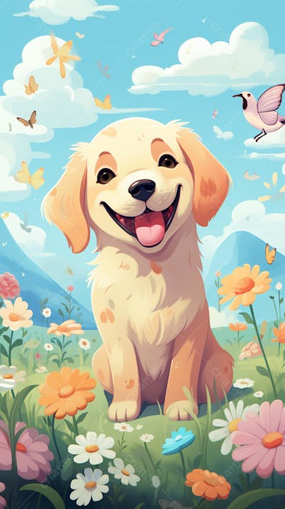 Wallpaper de Gato  e Cachorro Fofo com Arco-Íris e Corações - Ilustração Kawaii