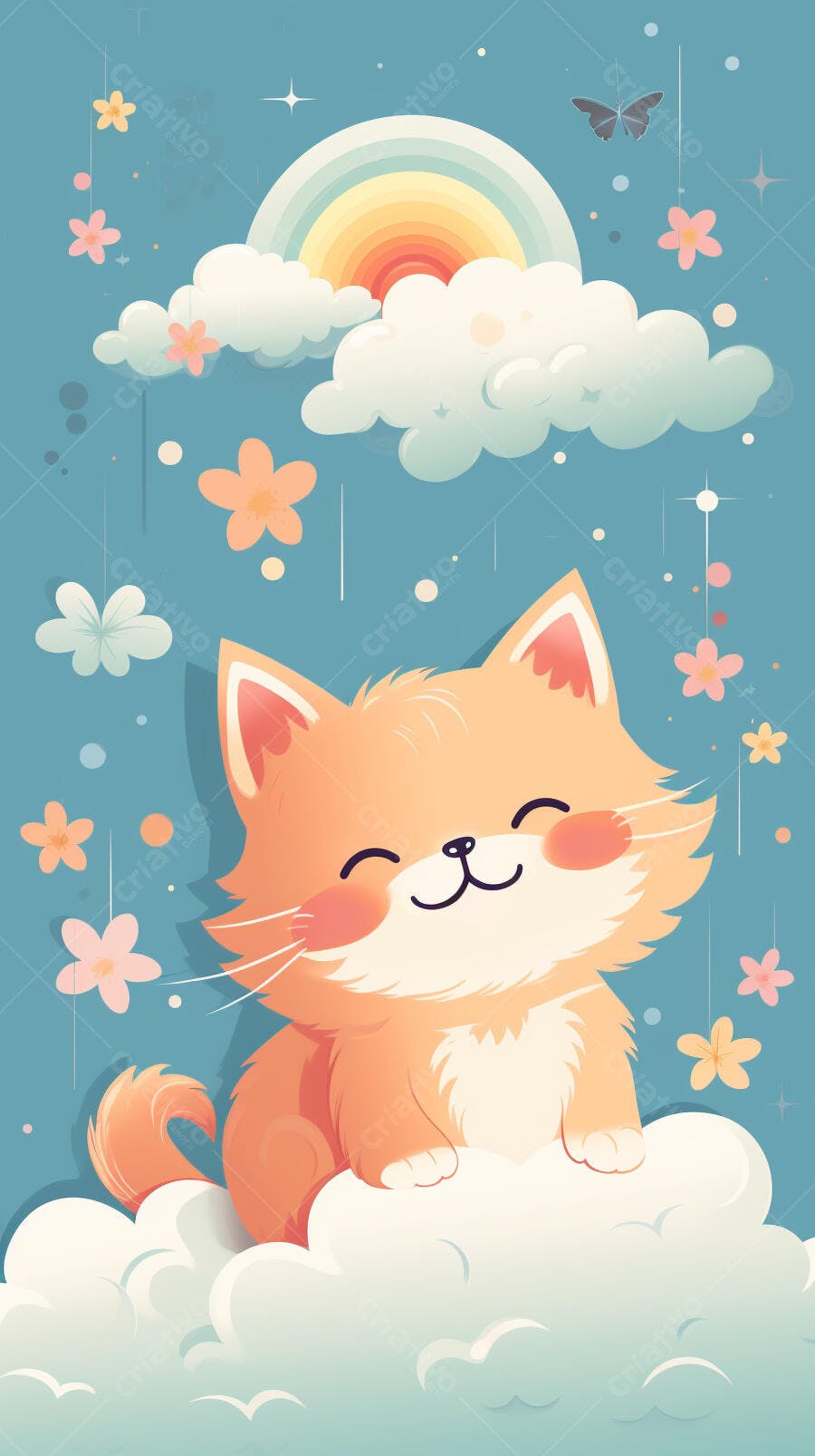Gatinho feliz em nuvem arco-íris