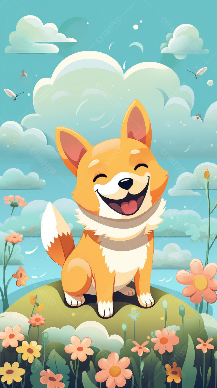 Cachorro feliz em jardim florido