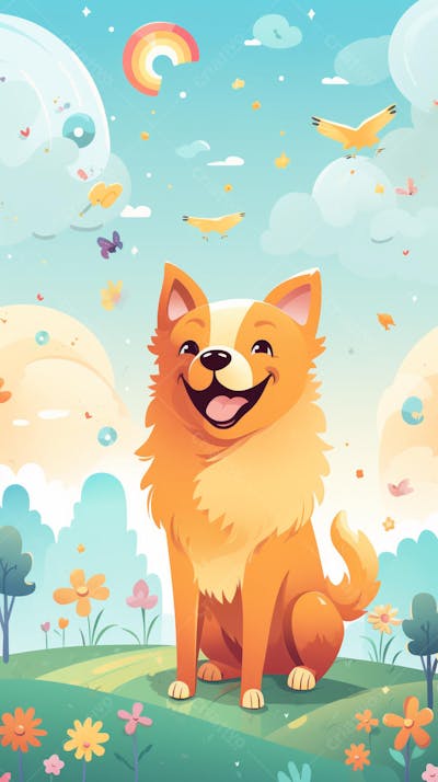 Wallpaper de Gato  e Cachorro Fofo com Arco-Íris e Corações - Ilustração Kawaii