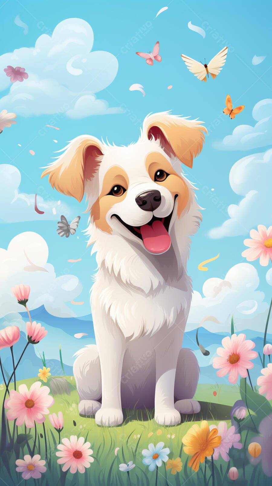 Cachorro feliz em campo florido