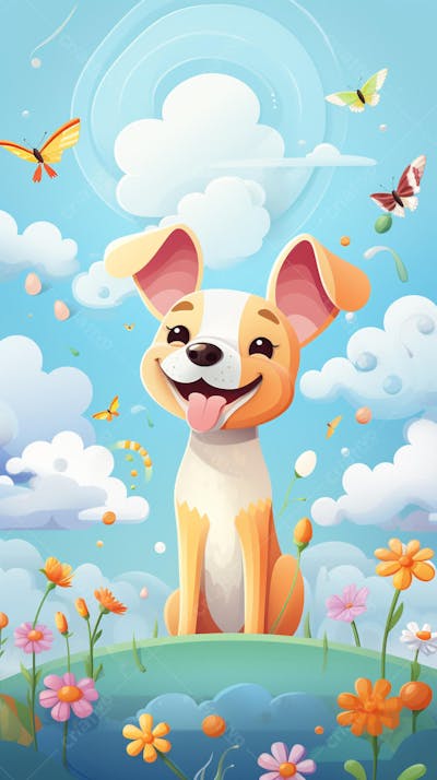 Wallpaper de Gato  e Cachorro Fofo com Arco-Íris e Corações - Ilustração Kawaii