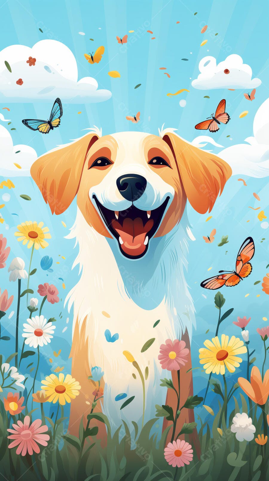 Cachorro feliz em campo florido
