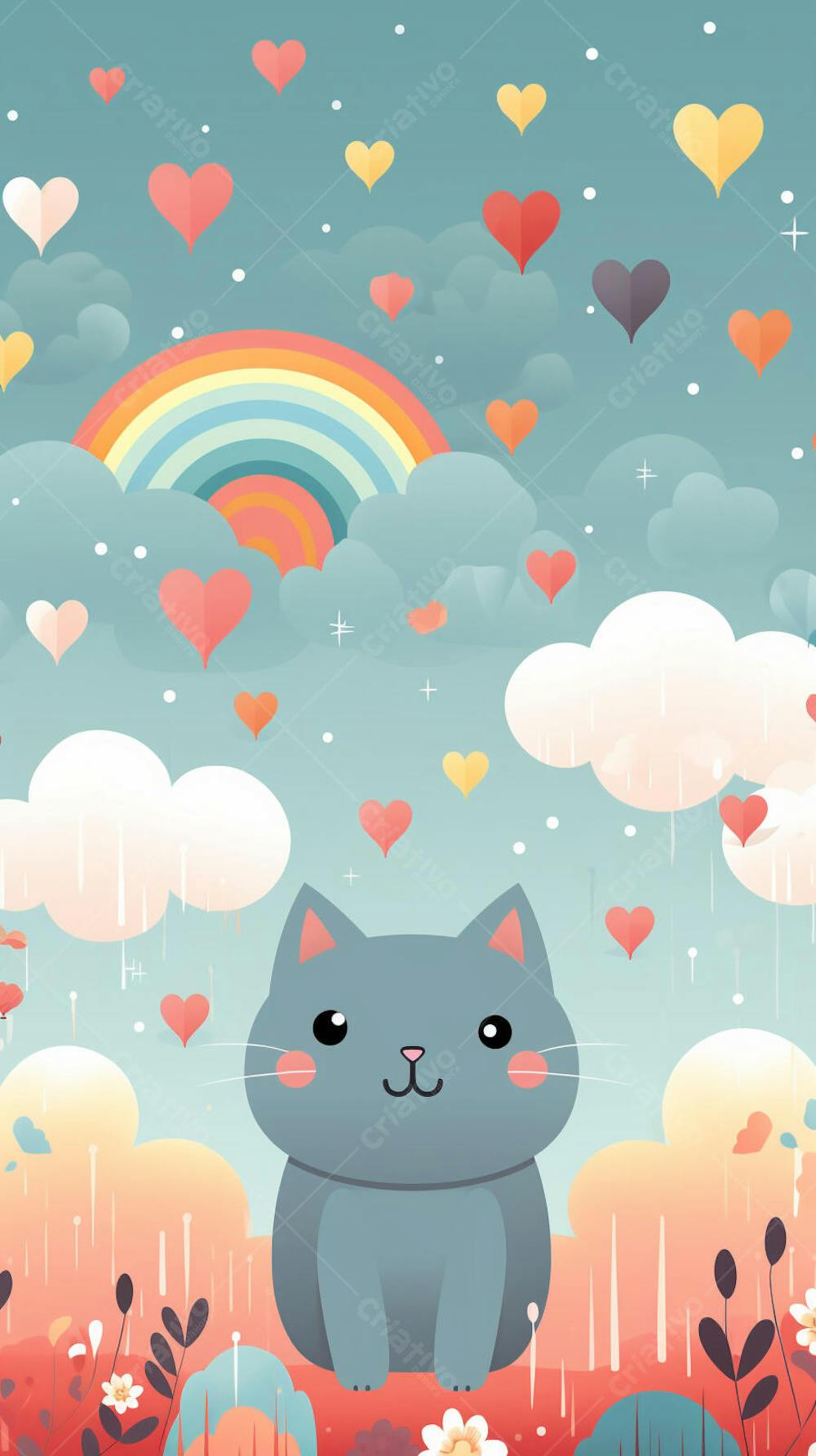 Wallpaper de Gato  e Cachorro Fofo com Arco-Íris e Corações - Ilustração Kawaii