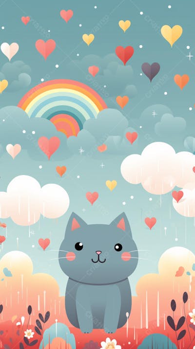 Wallpaper de Gato  e Cachorro Fofo com Arco-Íris e Corações - Ilustração Kawaii