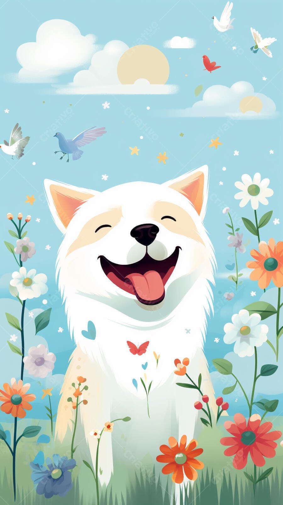Cachorro branco feliz em jardim florido