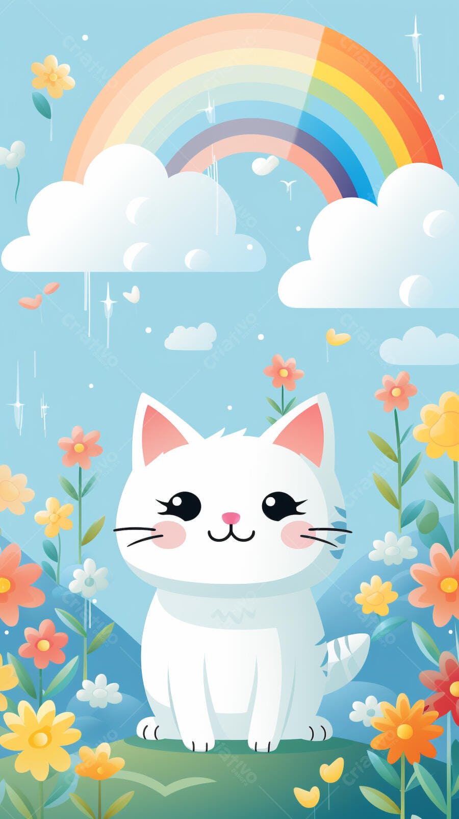 Gatinho branco em jardim florido com arco-íris