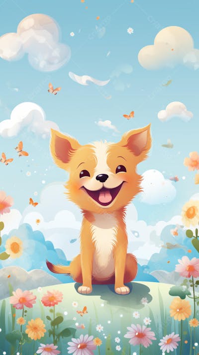 Wallpaper de Gato  e Cachorro Fofo com Arco-Íris e Corações - Ilustração Kawaii