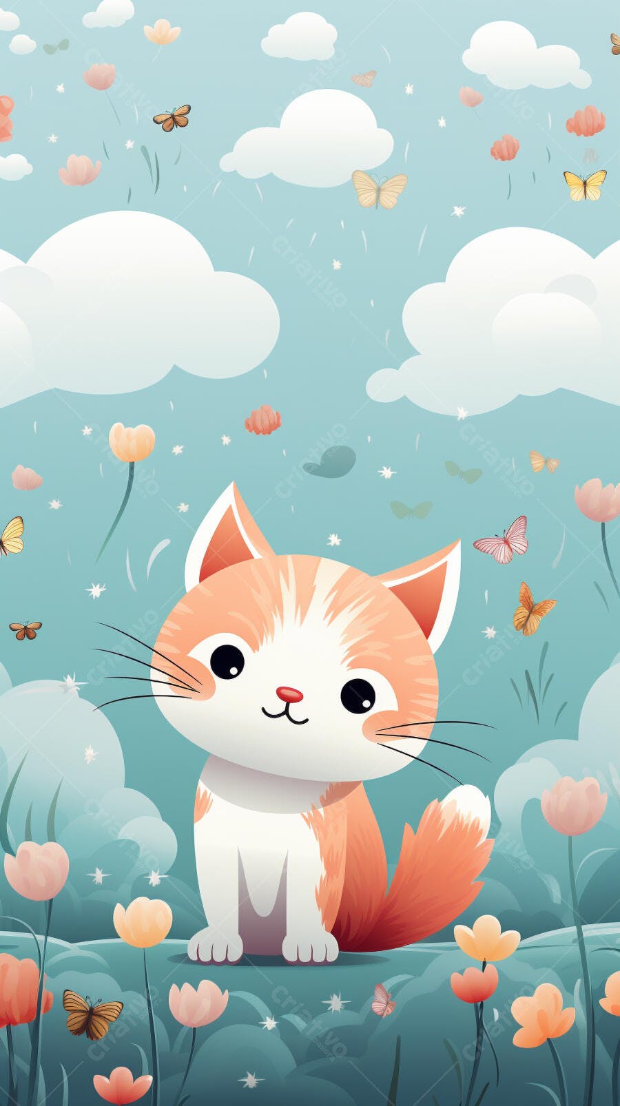 Gatinho fofo em jardim florido com borboletas
