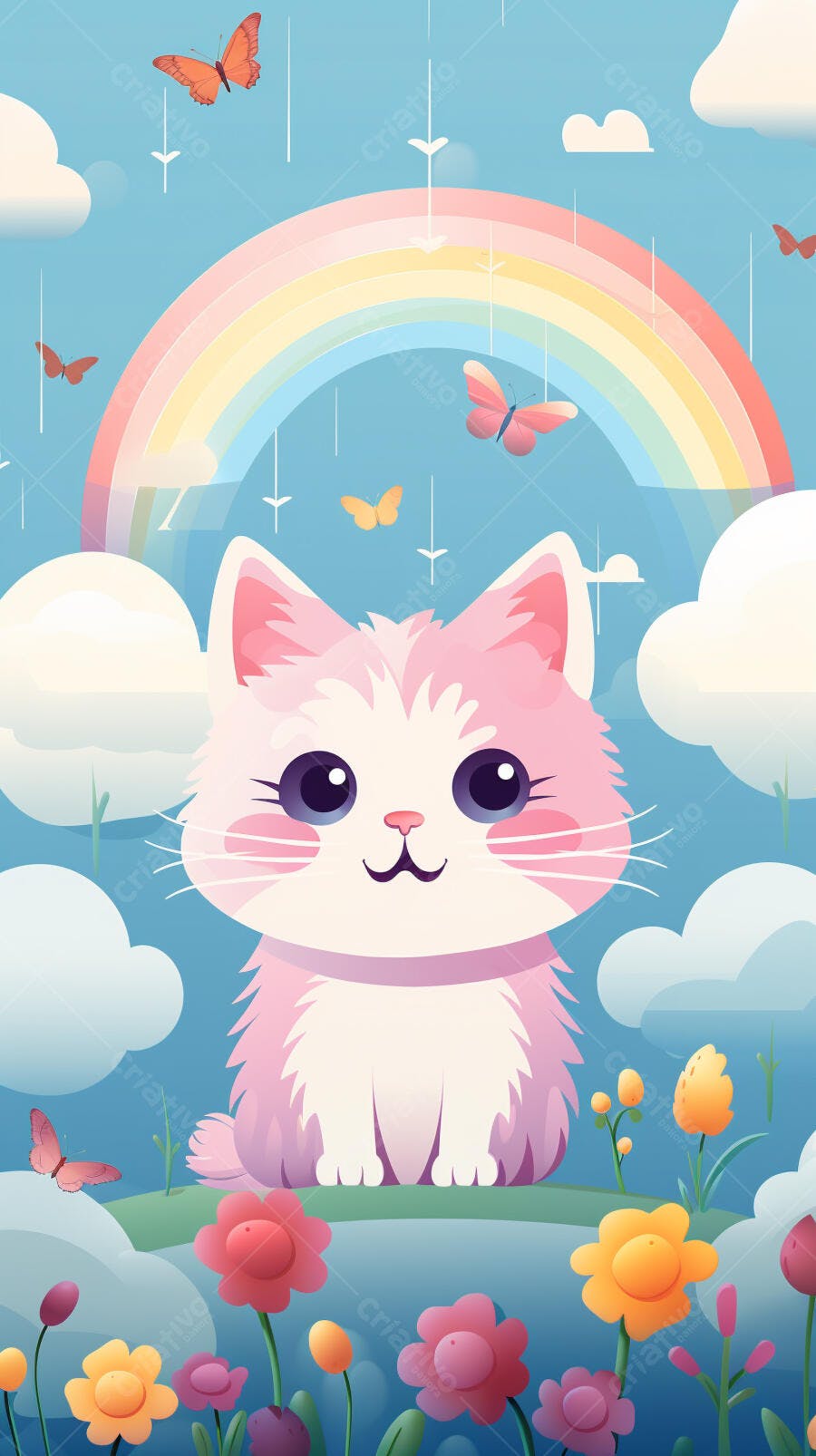 Gatinho fofo em jardim com arco-íris