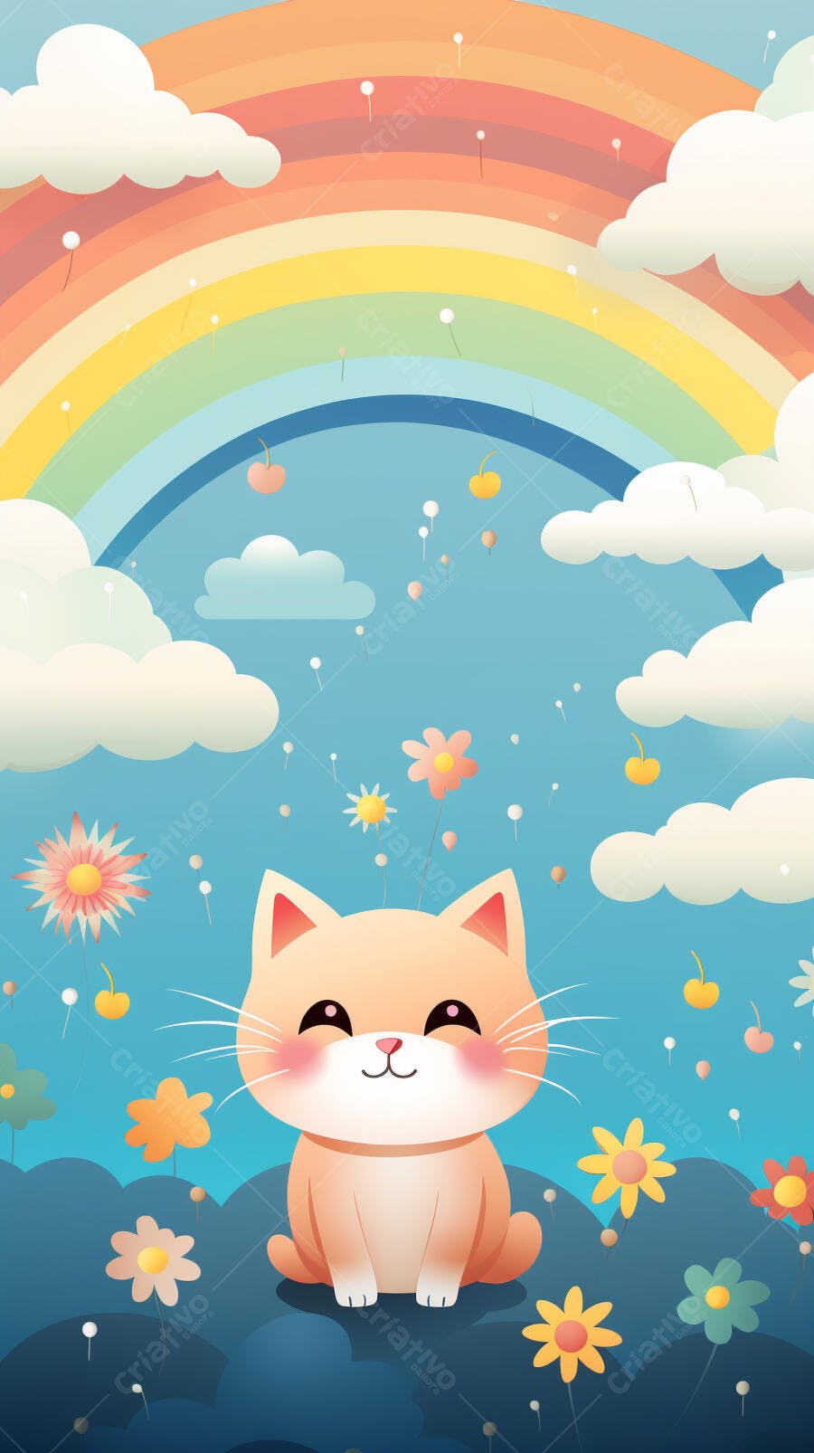 Gatinho fofo em cenário com arco-íris