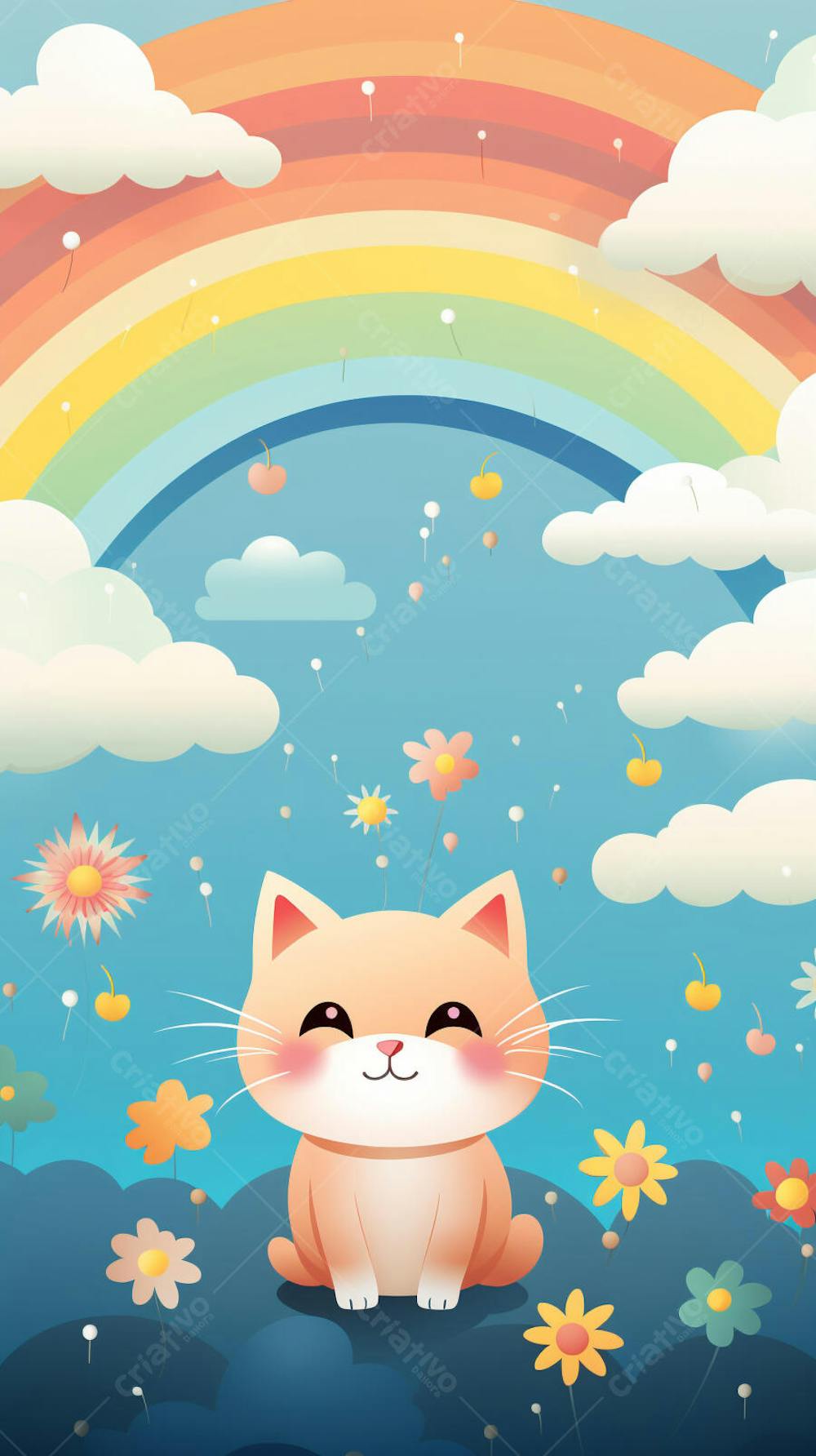 Wallpaper de Gato  e Cachorro Fofo com Arco-Íris e Corações - Ilustração Kawaii