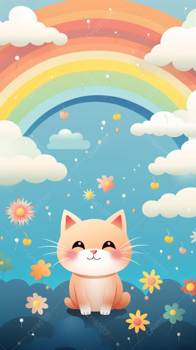 Wallpaper de Gato  e Cachorro Fofo com Arco-Íris e Corações - Ilustração Kawaii