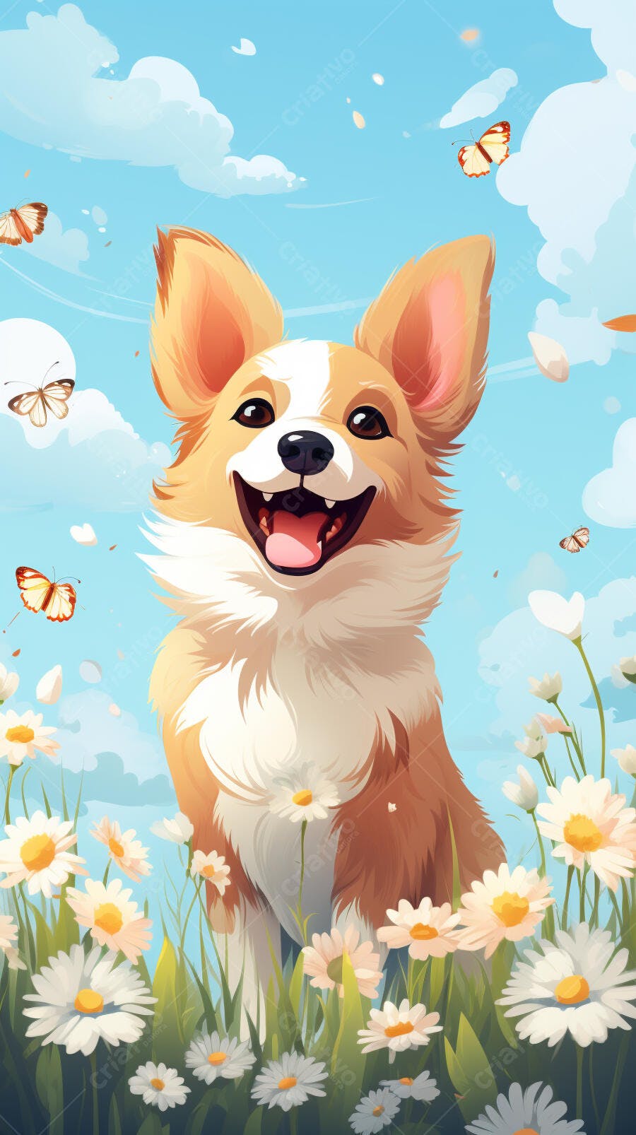 Cachorro feliz em campo de margaridas