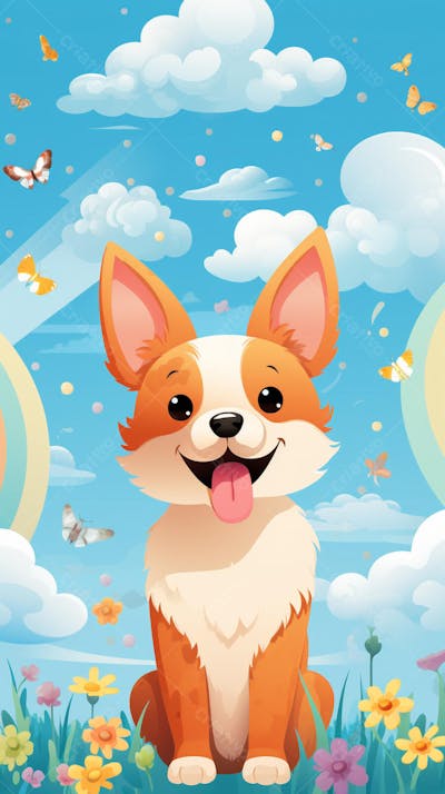 Wallpaper de Gato  e Cachorro Fofo com Arco-Íris e Corações - Ilustração Kawaii