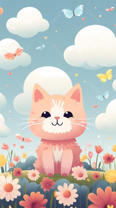 Wallpaper de Gato  e Cachorro Fofo com Arco-Íris e Corações - Ilustração Kawaii