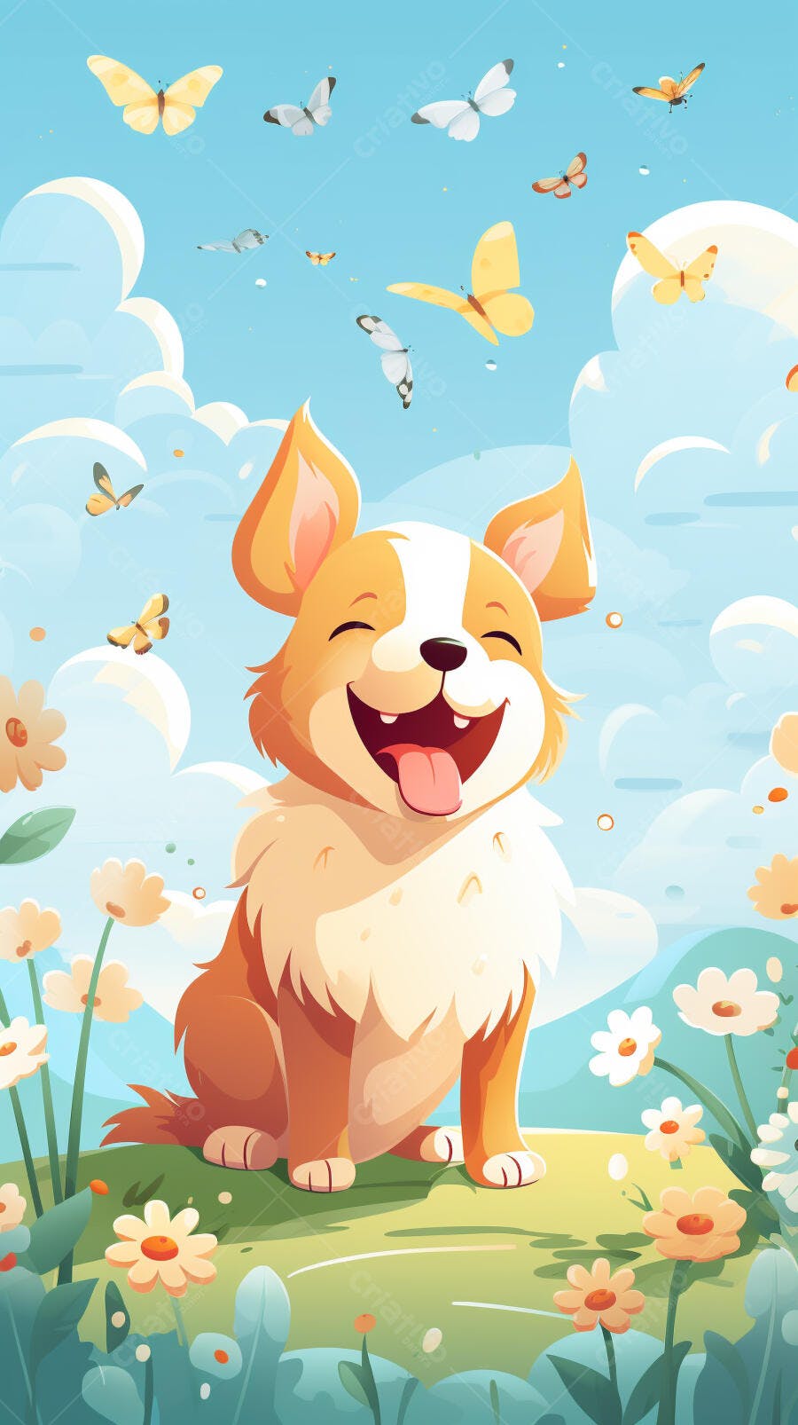 Cachorro feliz em campo florido
