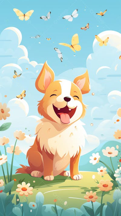 Wallpaper de Gato  e Cachorro Fofo com Arco-Íris e Corações - Ilustração Kawaii