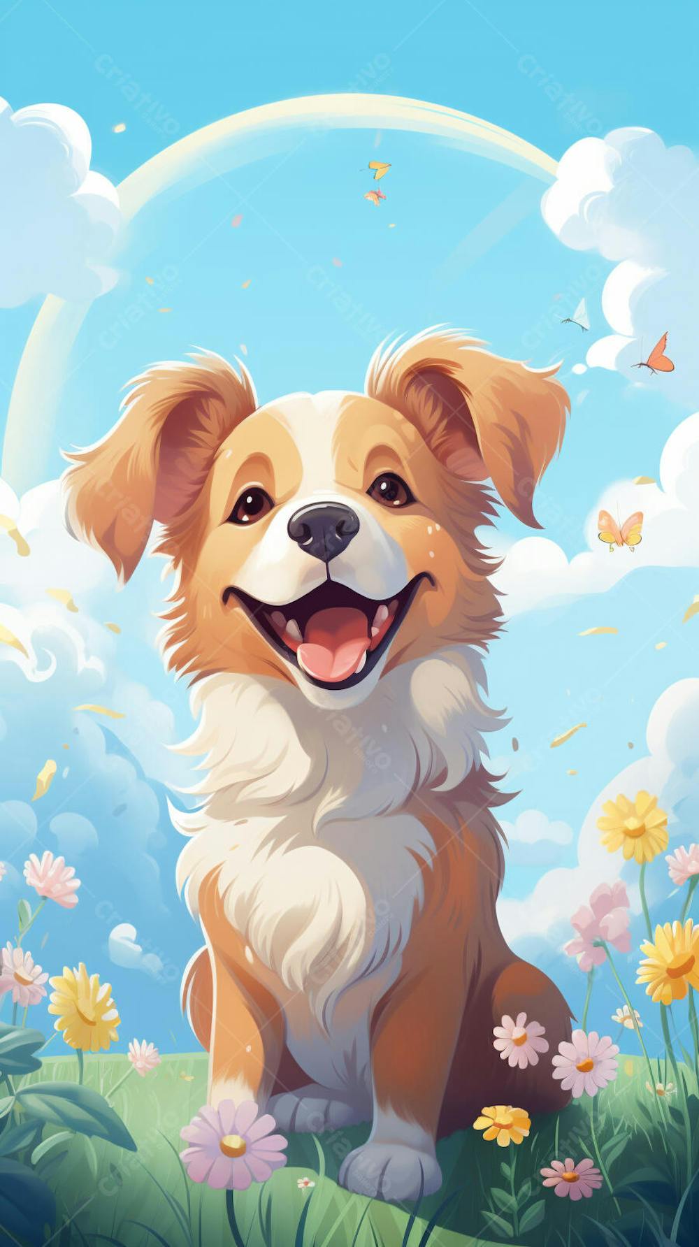 Wallpaper de Gato  e Cachorro Fofo com Arco-Íris e Corações - Ilustração Kawaii