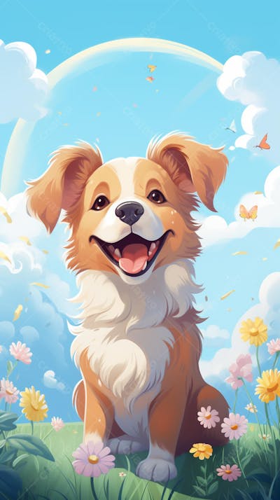 Wallpaper de Gato  e Cachorro Fofo com Arco-Íris e Corações - Ilustração Kawaii