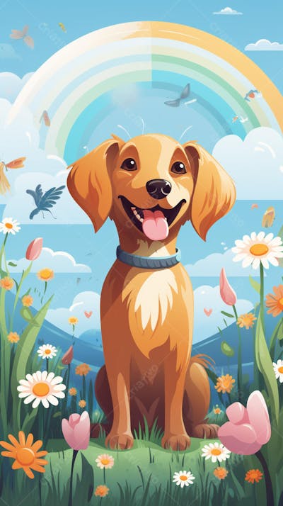 Wallpaper de Gato  e Cachorro Fofo com Arco-Íris e Corações - Ilustração Kawaii