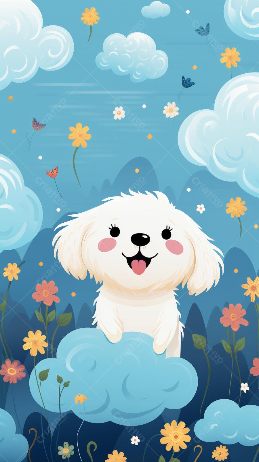 Cachorro branco feliz em nuvem azul