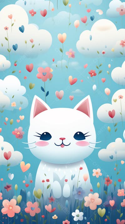 Wallpaper de Gato  e Cachorro Fofo com Arco-Íris e Corações - Ilustração Kawaii