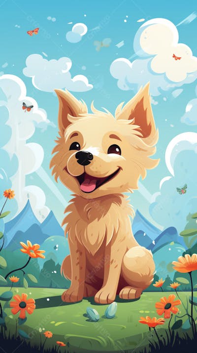 Wallpaper de Gato  e Cachorro Fofo com Arco-Íris e Corações - Ilustração Kawaii