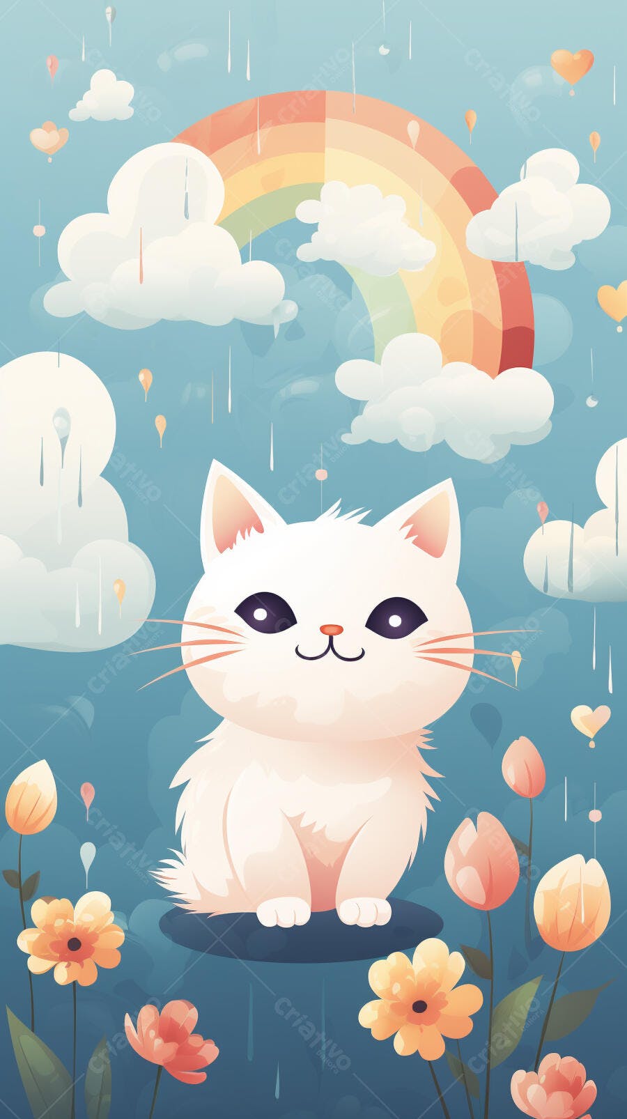 Gatinho branco em jardim chuvoso com arco-íris