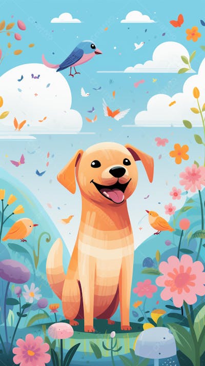 Wallpaper de Gato  e Cachorro Fofo com Arco-Íris e Corações - Ilustração Kawaii