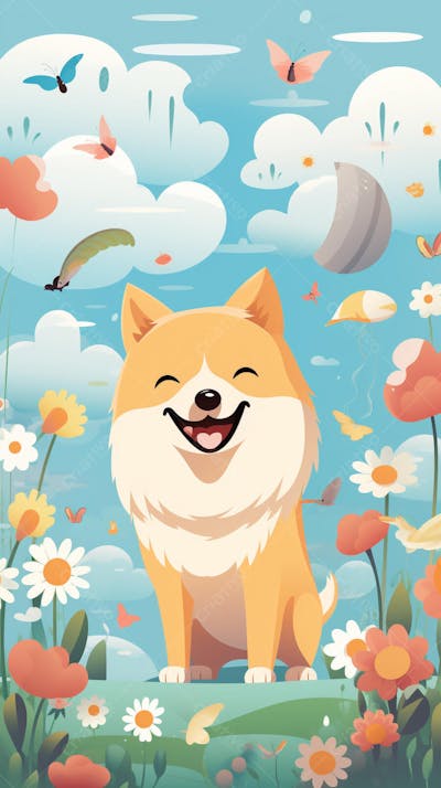 Wallpaper de Gato  e Cachorro Fofo com Arco-Íris e Corações - Ilustração Kawaii
