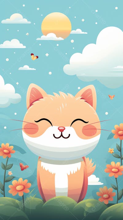 Wallpaper de Gato  e Cachorro Fofo com Arco-Íris e Corações - Ilustração Kawaii