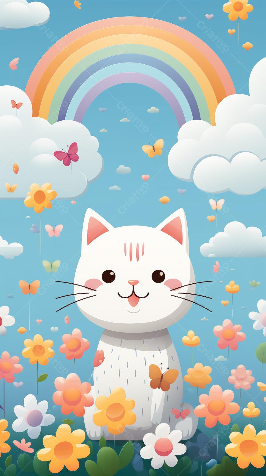 Gato branco em jardim florido com arco-íris