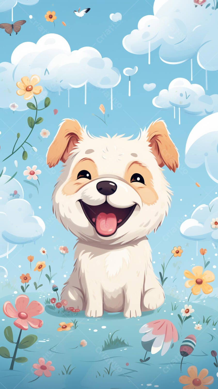 Cachorro feliz em jardim florido