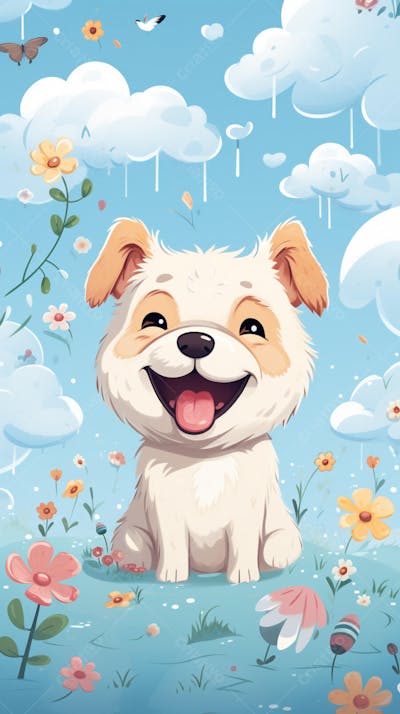 Wallpaper de Gato  e Cachorro Fofo com Arco-Íris e Corações - Ilustração Kawaii