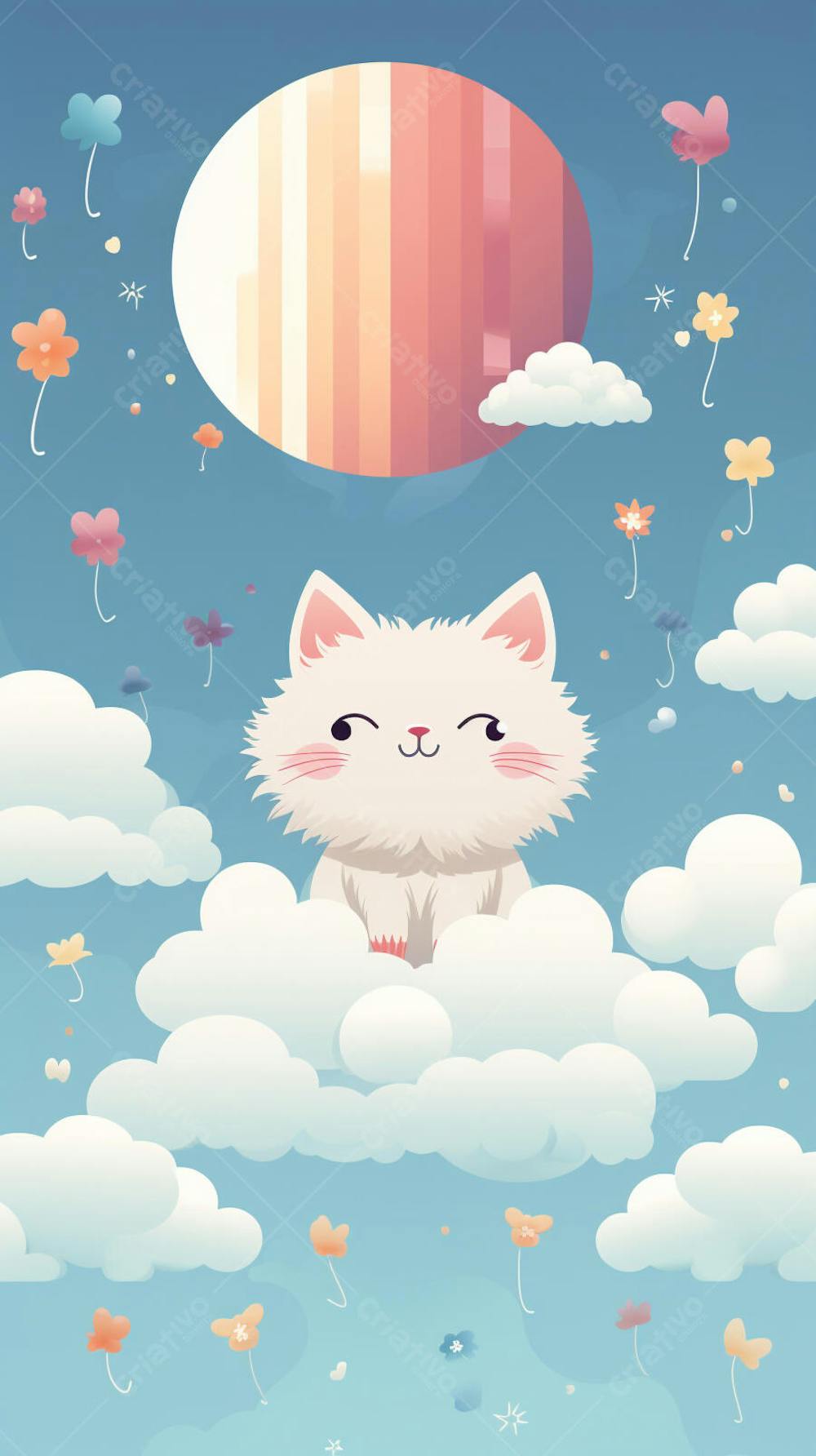 Wallpaper de Gato  e Cachorro Fofo com Arco-Íris e Corações - Ilustração Kawaii