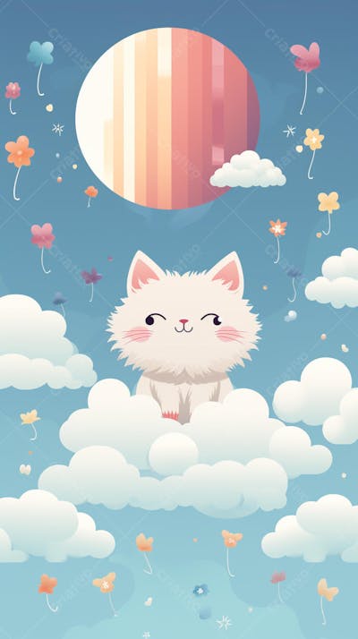 Wallpaper de Gato  e Cachorro Fofo com Arco-Íris e Corações - Ilustração Kawaii