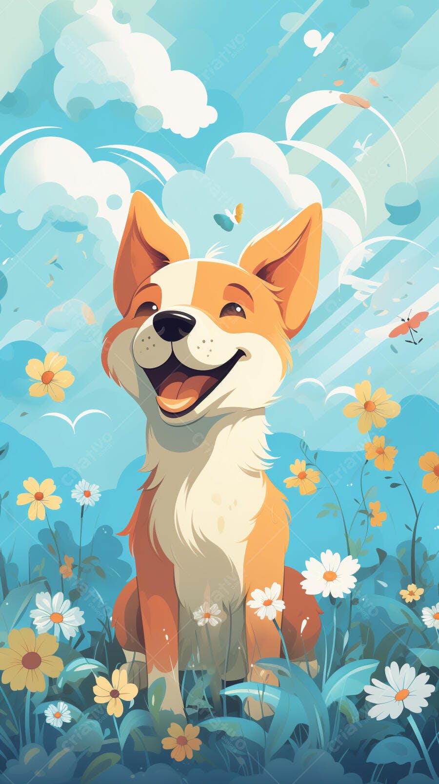 Corgi feliz em campo florido