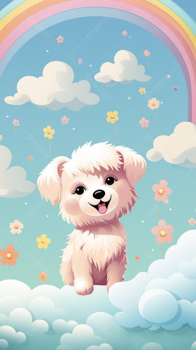 Wallpaper de Gato  e Cachorro Fofo com Arco-Íris e Corações - Ilustração Kawaii