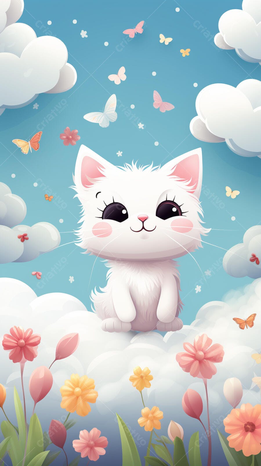 Gatinho branco em jardim florido