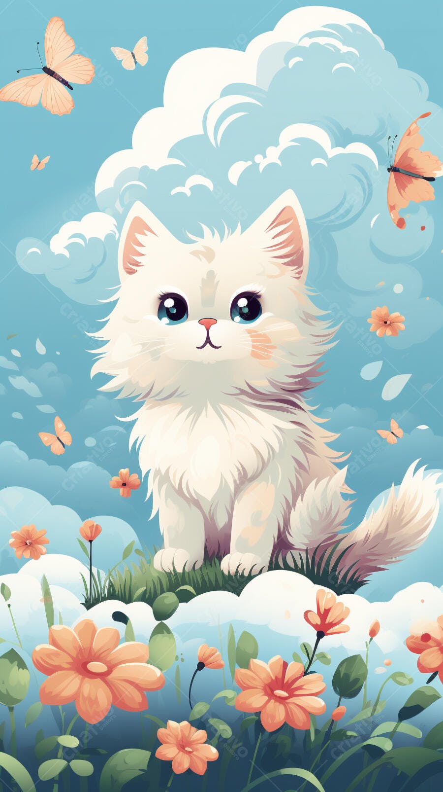 Gatinho branco em jardim florido com borboletas