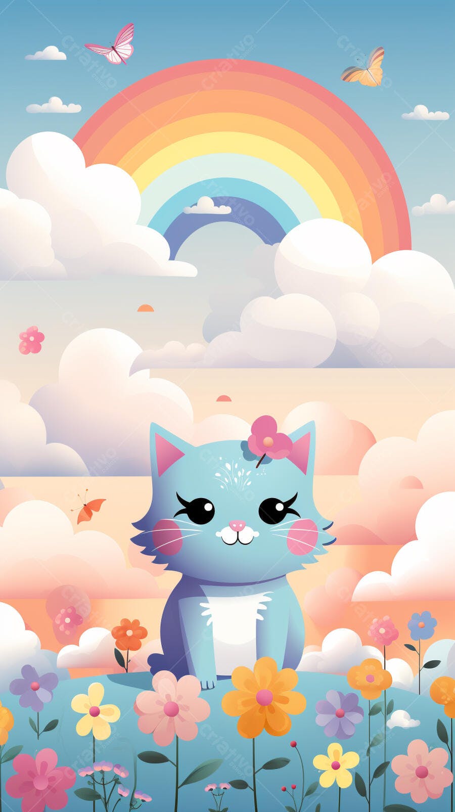 Gatinho azul em jardim com arco-íris