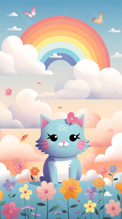 Wallpaper de Gato  e Cachorro Fofo com Arco-Íris e Corações - Ilustração Kawaii
