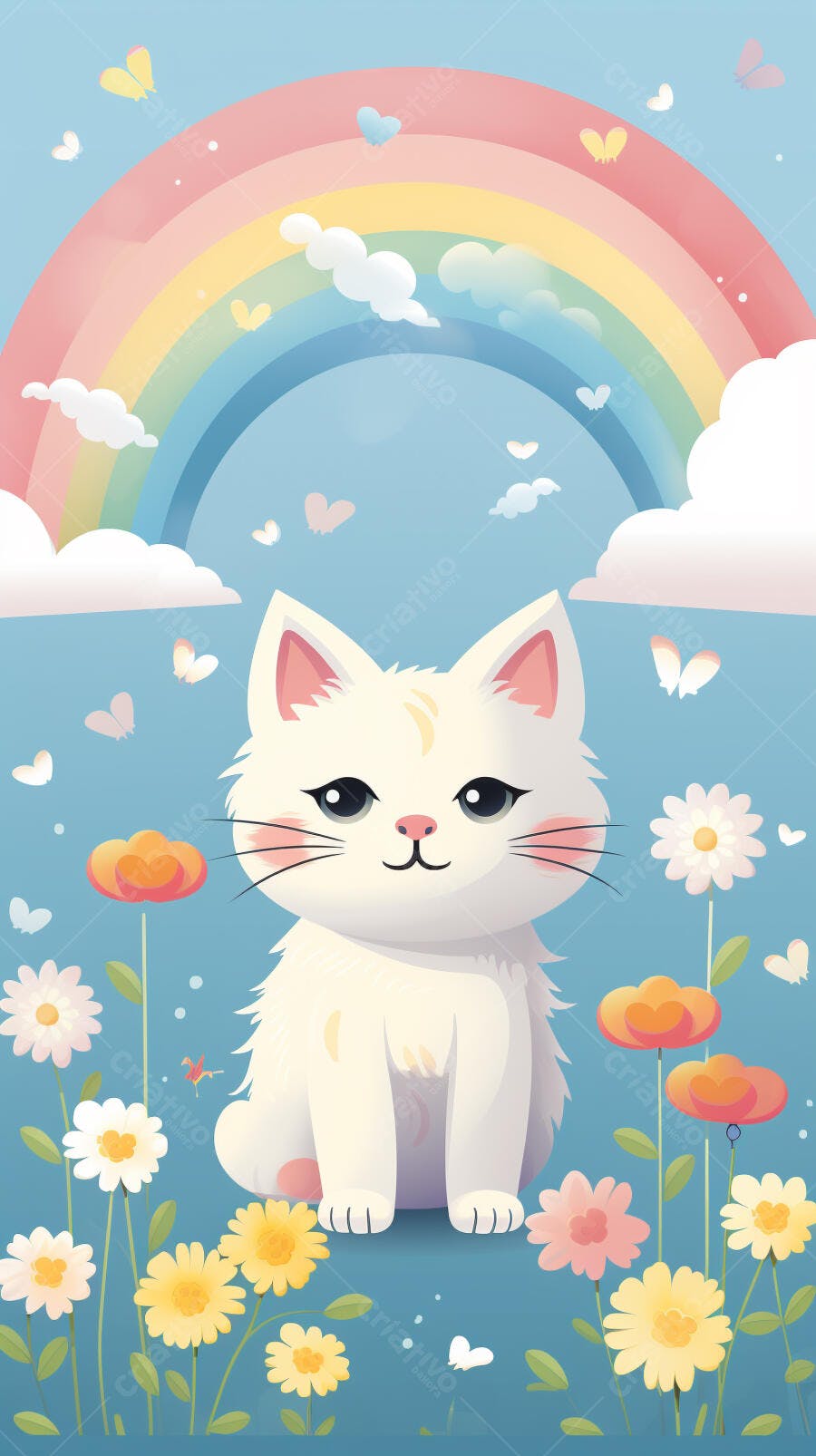Gatinho branco em jardim com arco-íris