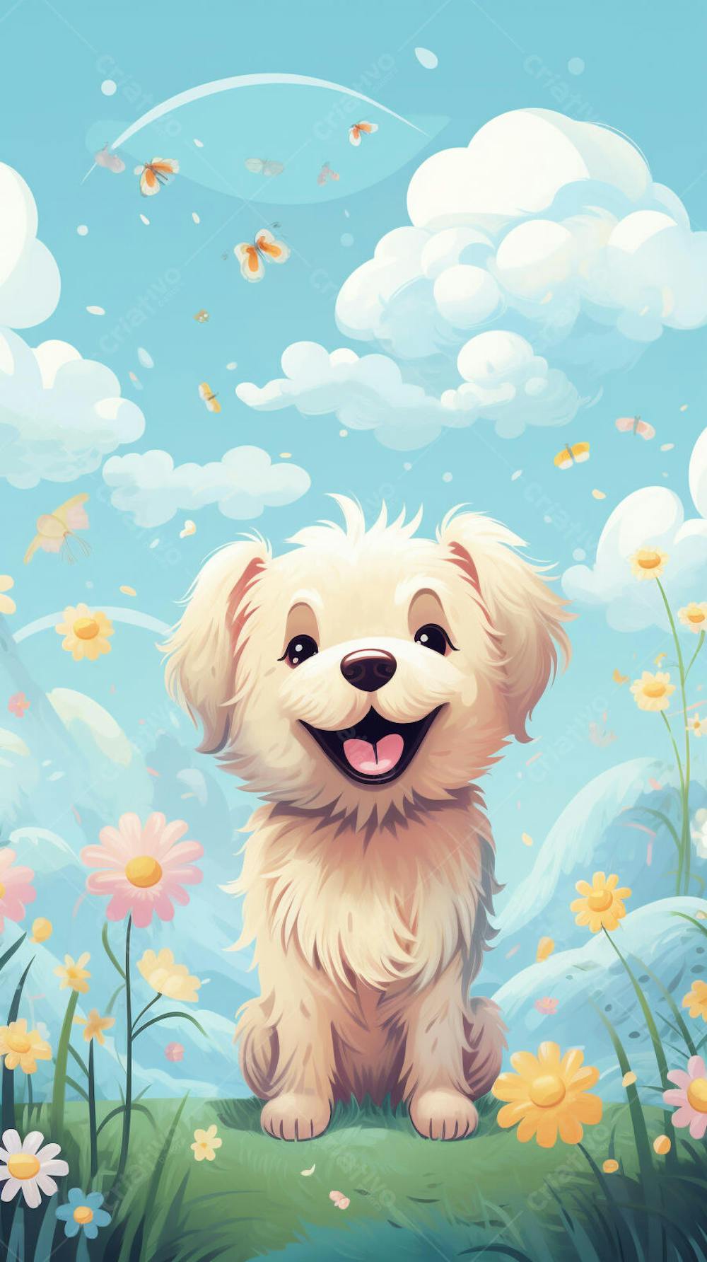 Wallpaper de Gato  e Cachorro Fofo com Arco-Íris e Corações - Ilustração Kawaii