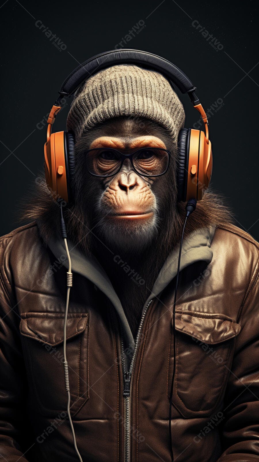Macaco com fones de ouvido escuta música